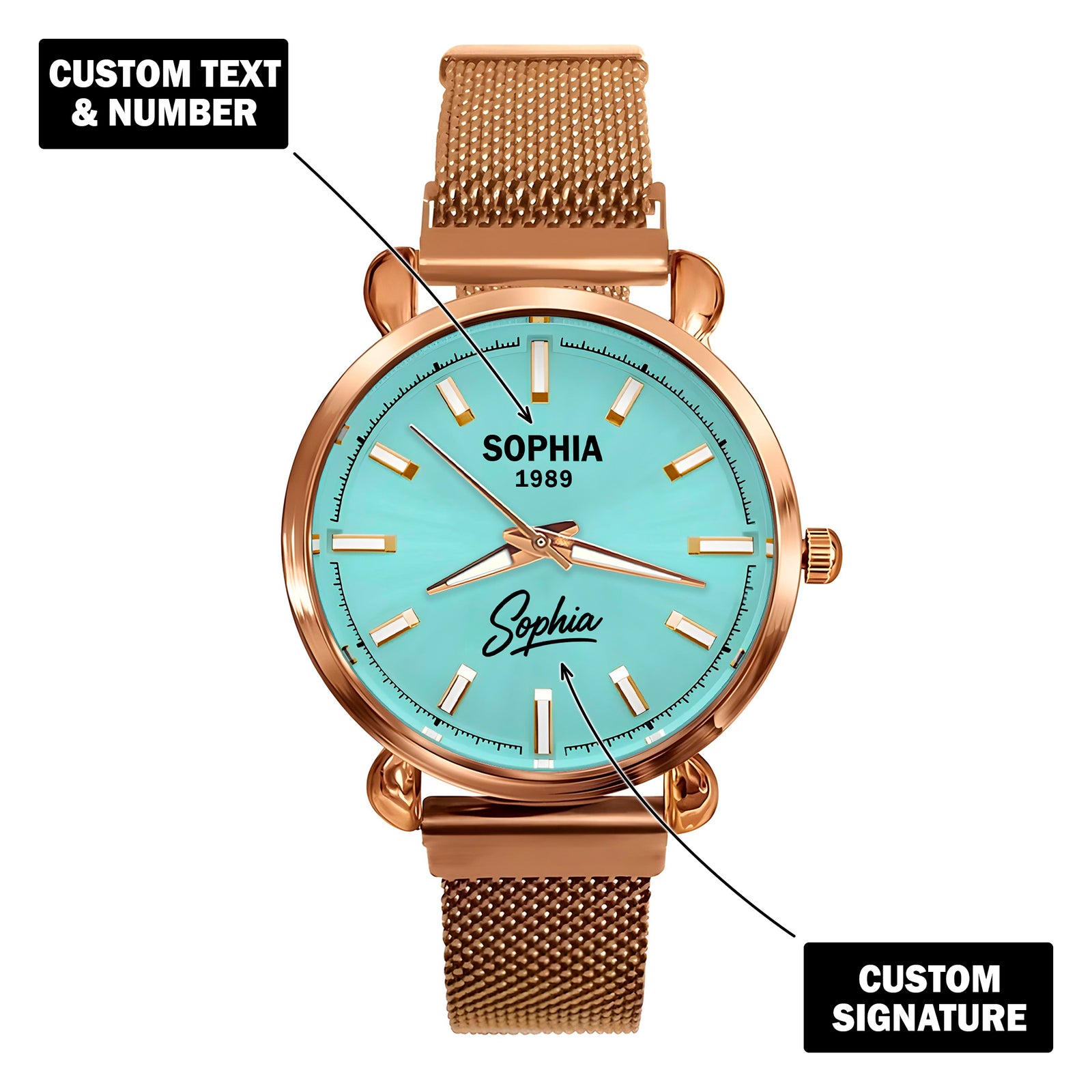 Custom Wrist Watches For Ladies - Turquoise Blue Dial - Rose Gold Watches For Ladies