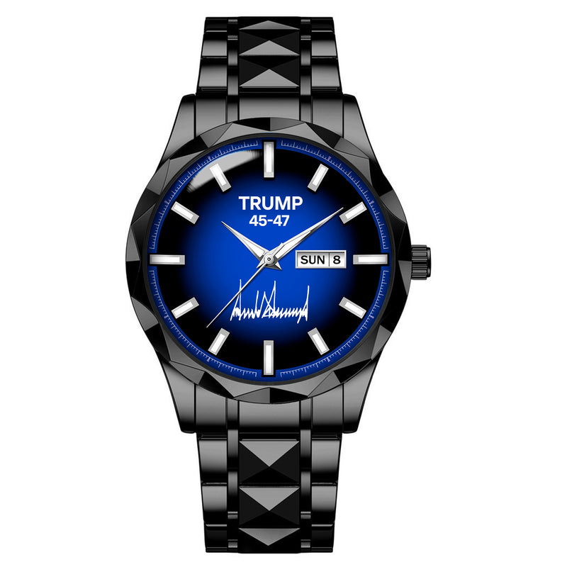 TRUMP 45-47 Watch 2026 Luxury Black Steel – Signature Royal Blue Dial