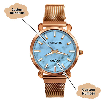 Custom Wrist Watches For Ladies - Azure Marble Dial - Rose Gold Watches For Ladies