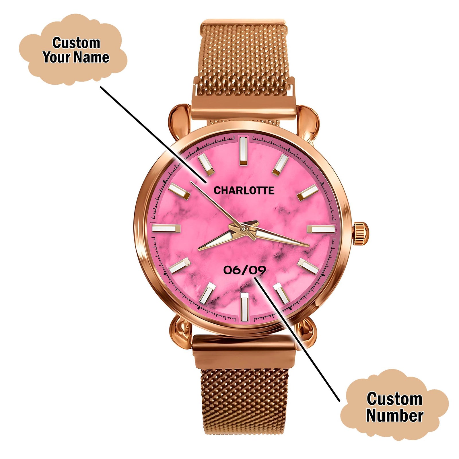 Custom Wrist Watches For Ladies - Rose Quartz Dial - Rose Gold Watches For Ladies