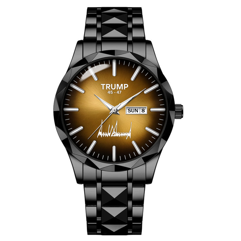 TRUMP 45-47 Watch 2026 Luxury Black Steel – Signature Sunburst Gold Dial
