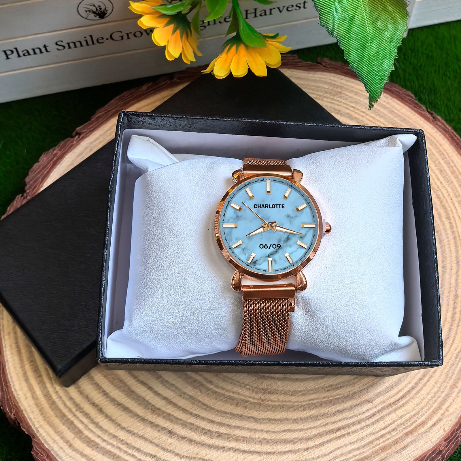 Custom Wrist Watches For Ladies - Azure Marble Dial - Rose Gold Watches For Ladies