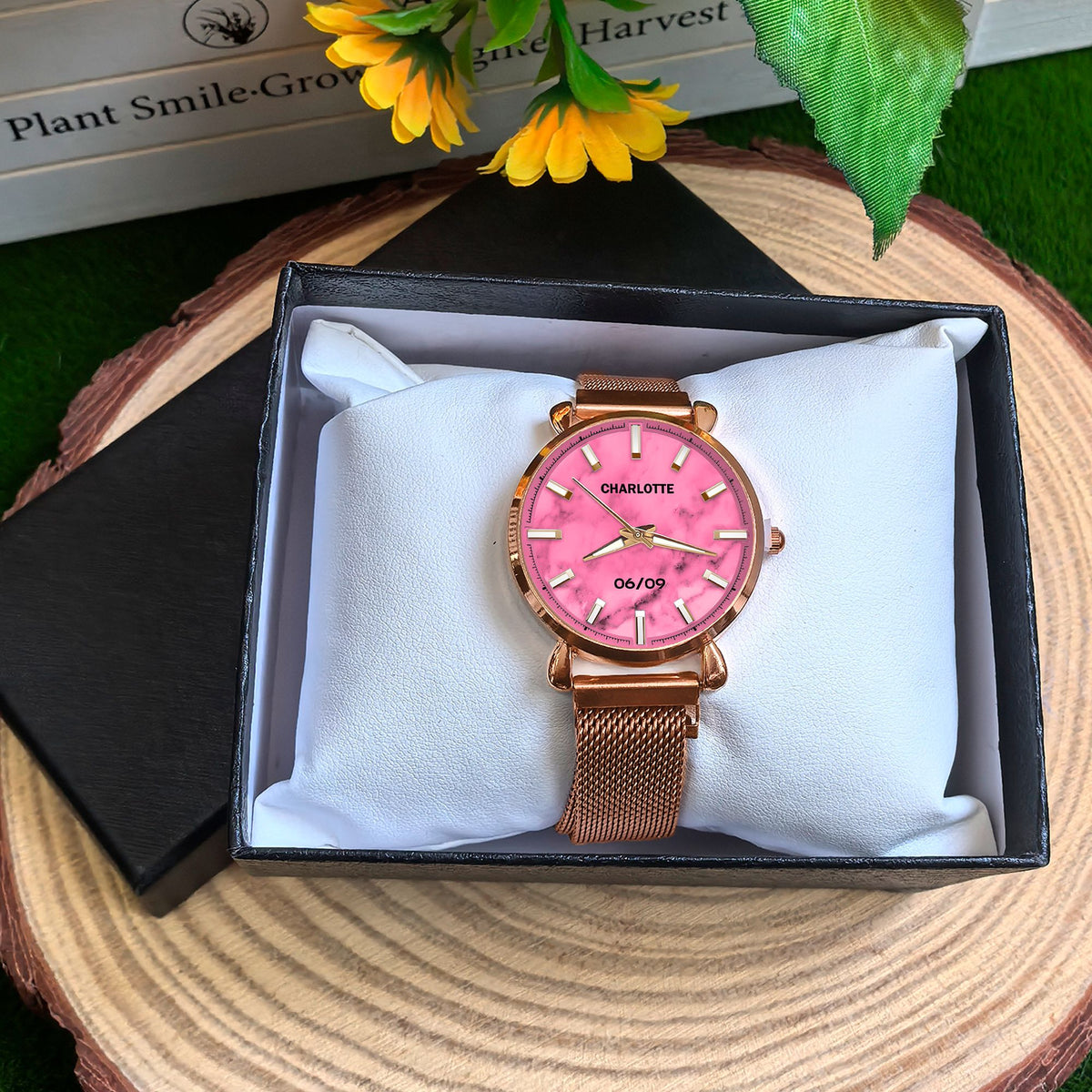 Custom Wrist Watches For Ladies - Rose Quartz Dial - Rose Gold Watches For Ladies