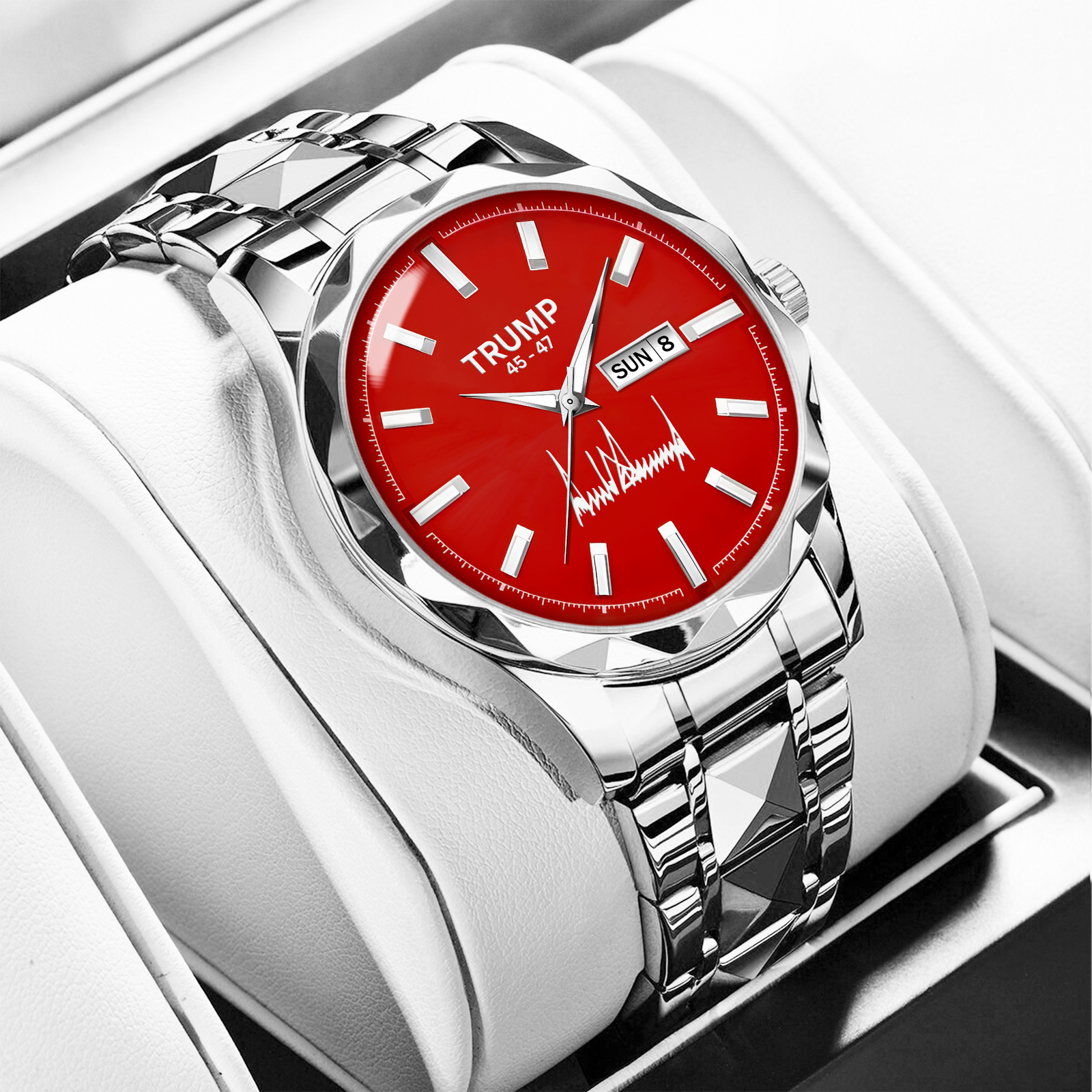 TRUMP 45-47 Watch 2025 Silver Red Dial – Luxury Steel Watch for Men