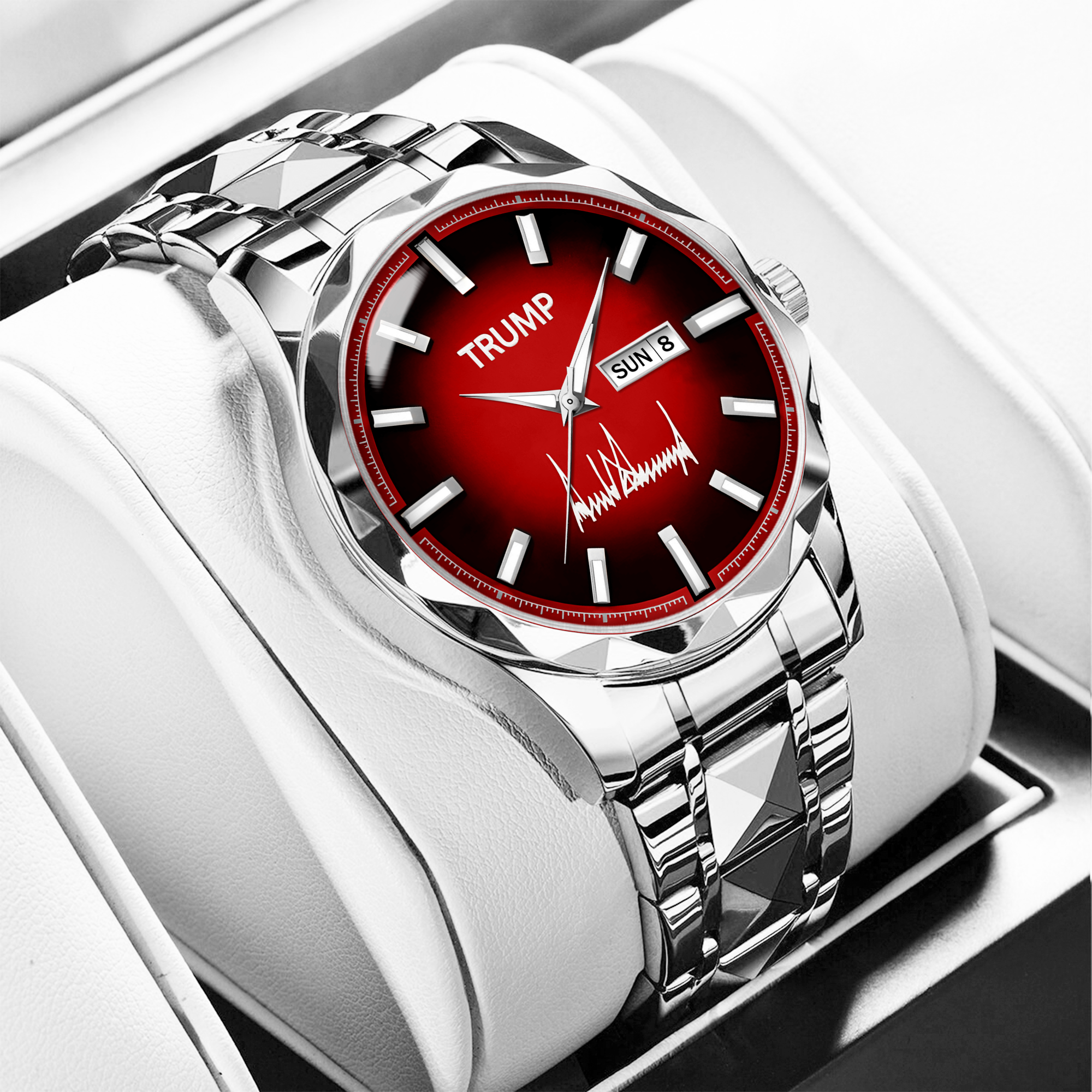 TRUMP Watch 2025 – Silver Strap, Red Dial for Men
