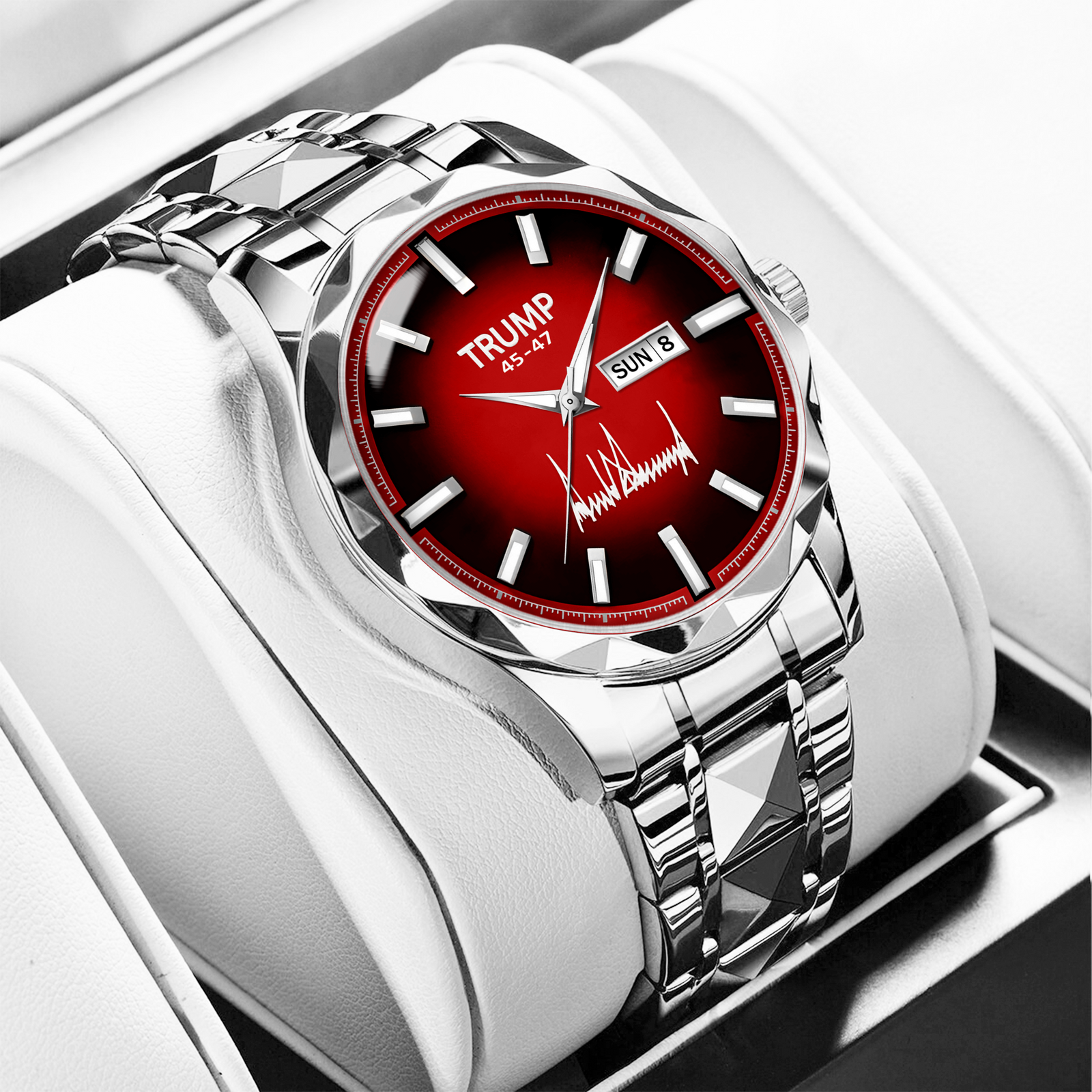 TRUMP 45-47 Watch 2025 – Silver Watch with Striking Red Dial for Men