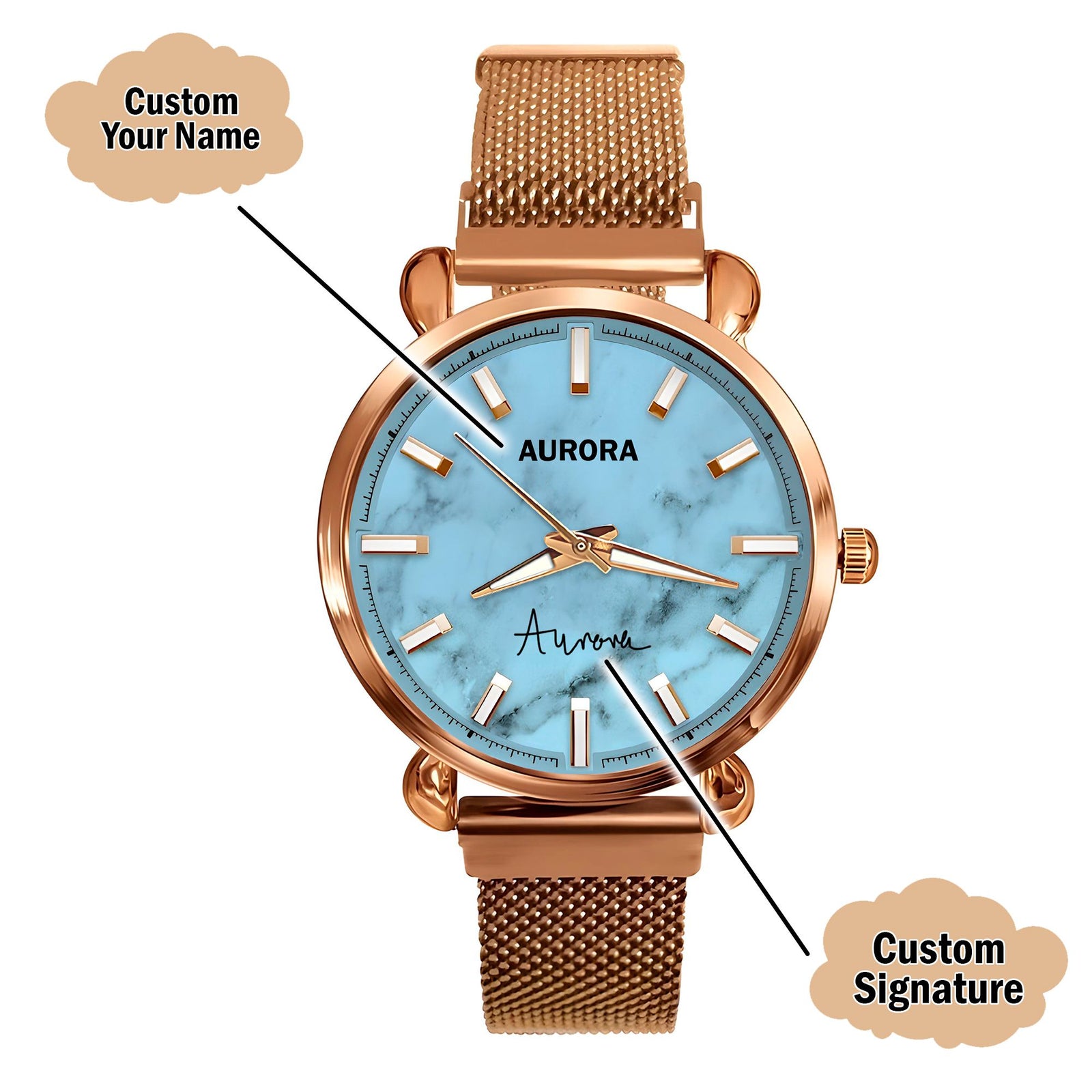 Custom Wrist Watches For Ladies - Azure Marble Dial - Rose Gold Watches For Ladies