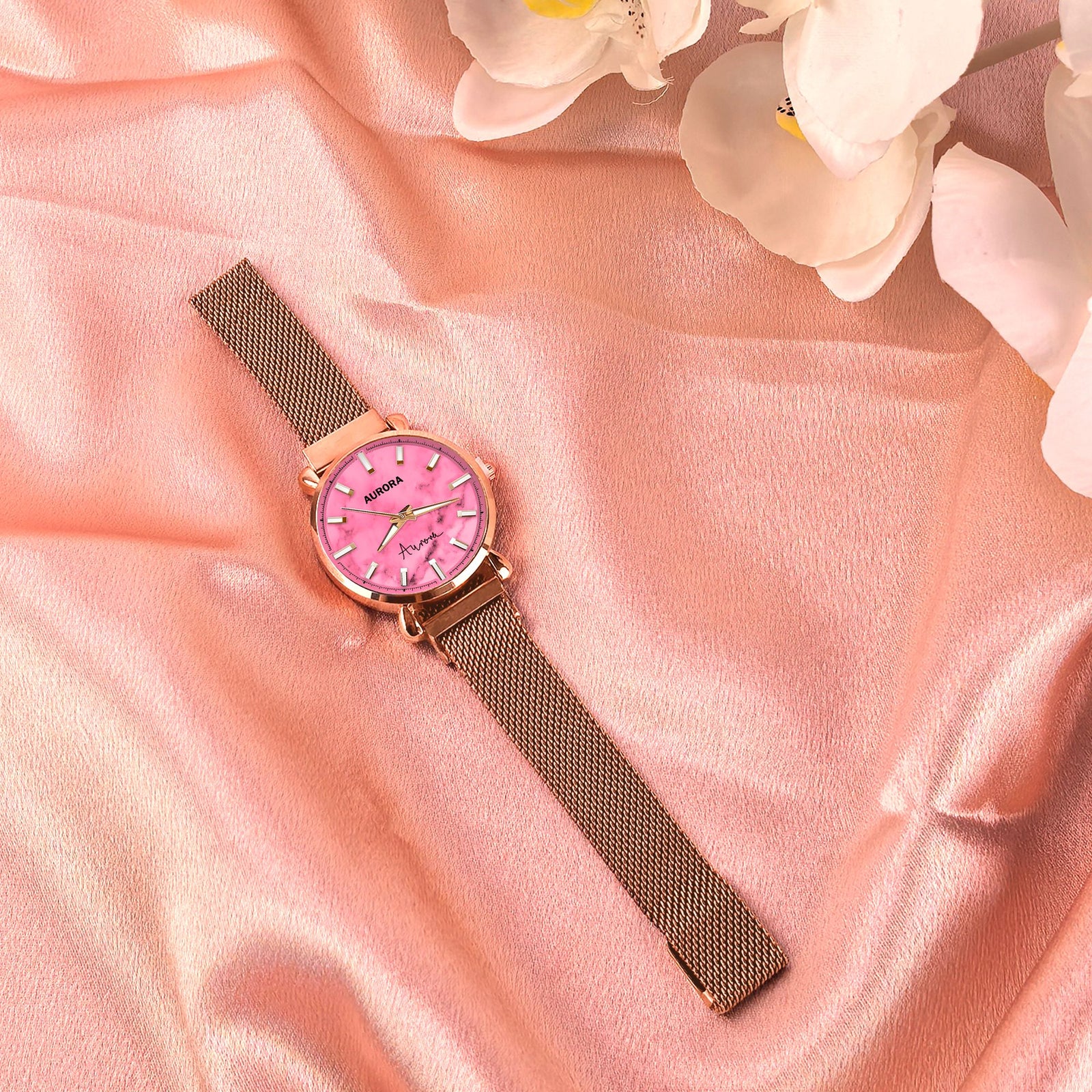 Custom Wrist Watches For Ladies - Rose Quartz Dial - Rose Gold Watches For Ladies