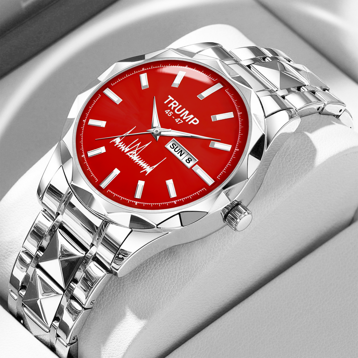 TRUMP 45-47 Watch 2025 Silver Red Dial – Luxury Steel Watch for Men
