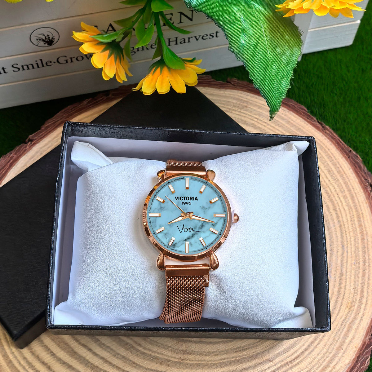 Custom Wrist Watches For Ladies - Azure Marble Dial - Rose Gold Watches For Ladies