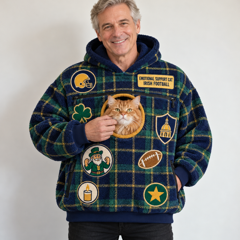 South Bend Tartan Patches Cat Pouch Hoodie
