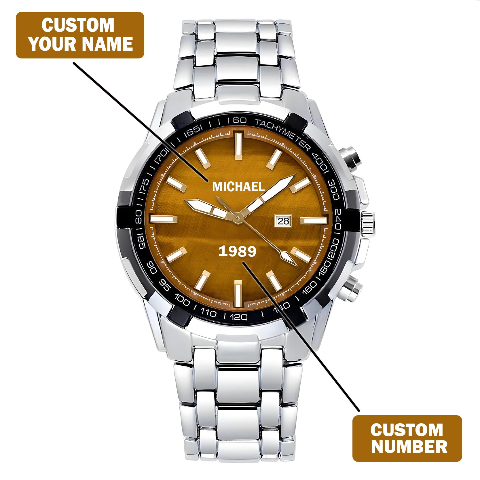 Custom Wrist Watches For Men - Tiger's Eye Brown Dial