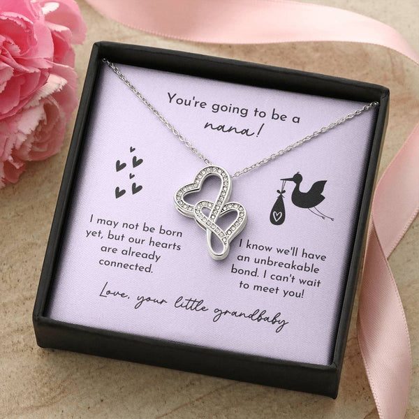 Nana To Be Birth Announcement Double Hearts  Lavender Stork Double Hearts Necklace
