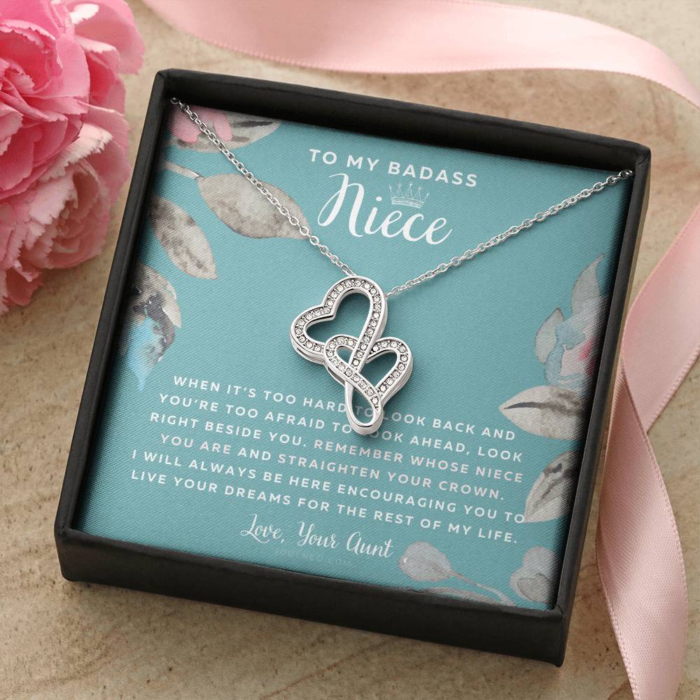To My Badass Niece Straighten Your Crown Necklace Aunt Niece Necklace Niece Birthday Gift Niece Graduation Gift Double Hearts Necklace