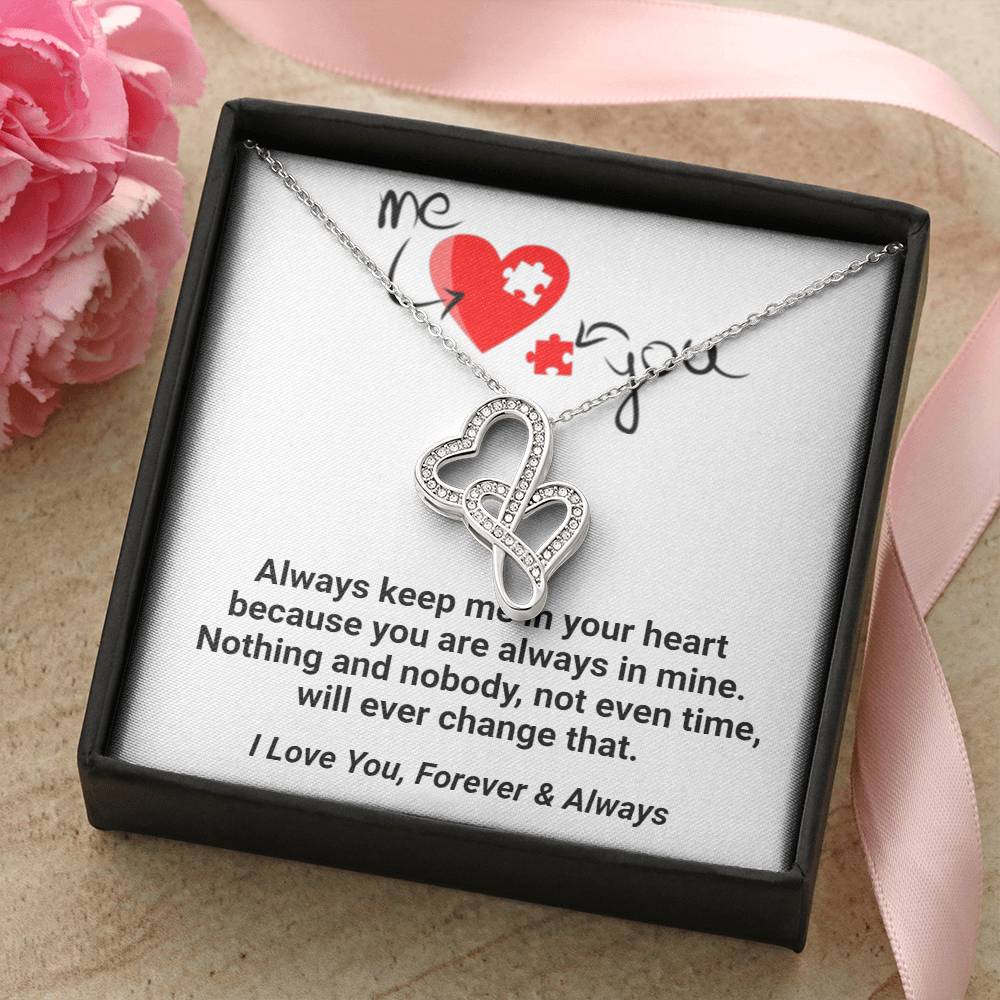 Me &amp; You Forever &amp; Always Double Hearts Engraved Necklace Stunning Sparkling Double Hearts Necklace