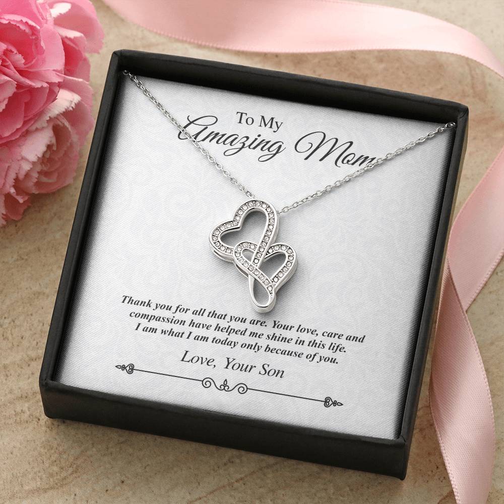To My Amazing Mom Double Heart Necklace - Thank You For All That You Are Double Hearts Necklace