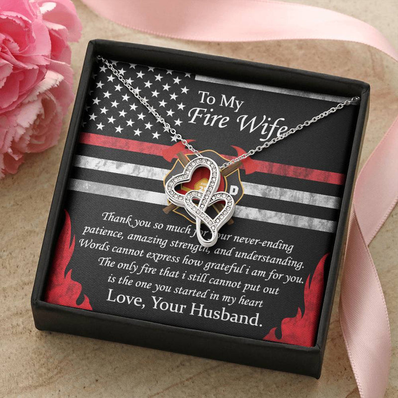 To My Fire Wife Love Your Husband - To My Fire Wife Necklace From Firefighter Husband Fire Wife Gift From Fireman Thin Double Hearts Necklace