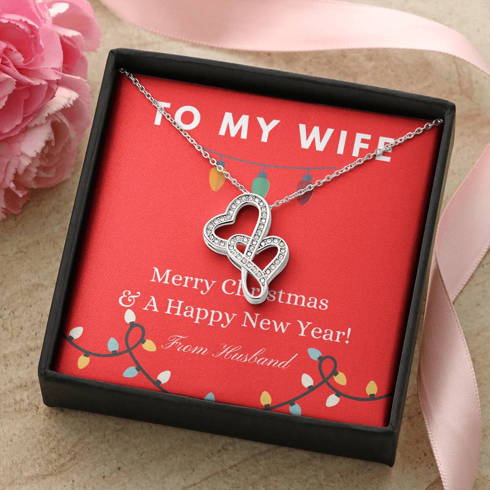 To My Wife Merry Christmas &amp; A Happy New Year To My Wife Christmas Gift  For Wife Jewelry Spouse Double Hearts Necklace