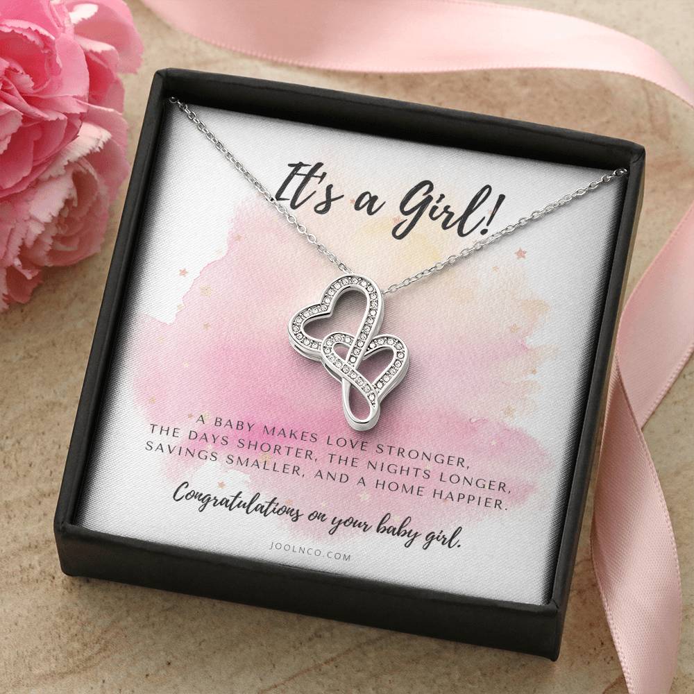 It&#39;s A Girl Necklace Gift For Mom  Baby Girl Congratulations  Baby Girl Shower Gift For Mom  New Mom Necklace  New Mom 1 Double Hearts Necklace