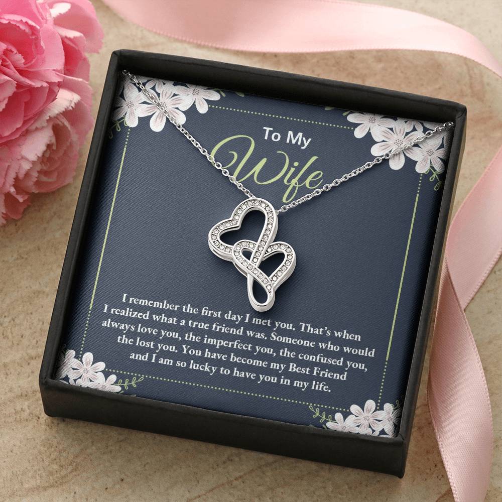 To My Wife - I Am So Lucky To Have You In My Life -  Double Hearts Necklace