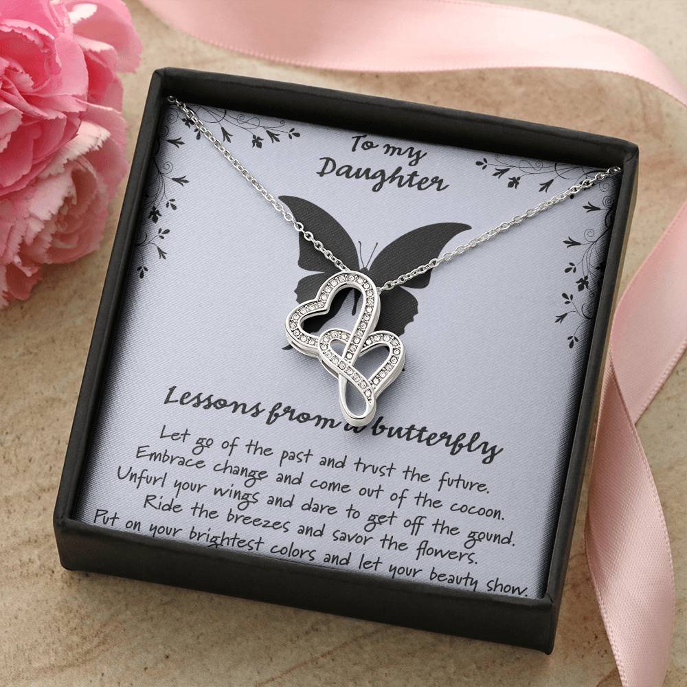 To My Daughter Lessons From A Butterfly - Blue Double Hearts Necklace
