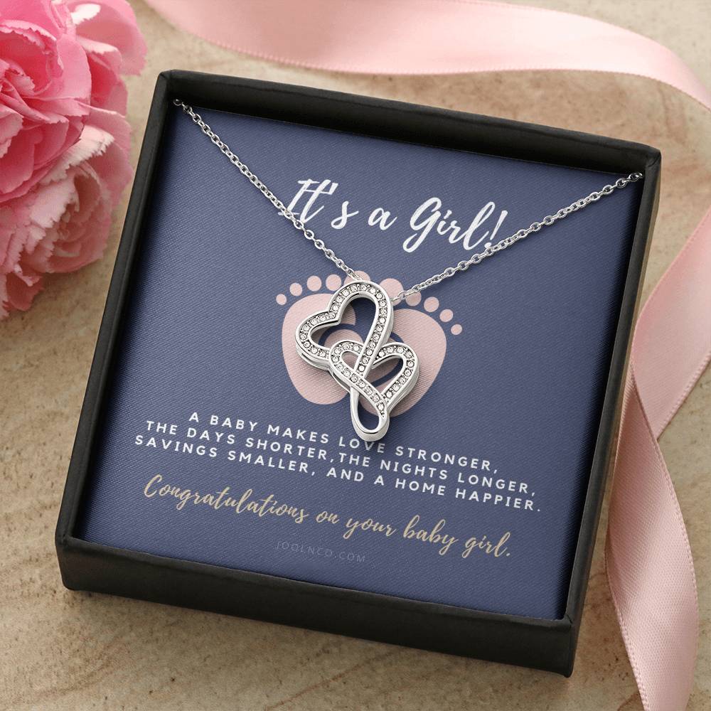 It's A Girl Necklace Gift For Mom  Baby Girl Congratulations  Baby Girl Shower Gift For Mom  New Mom Necklace  New Mom Double Hearts Necklace