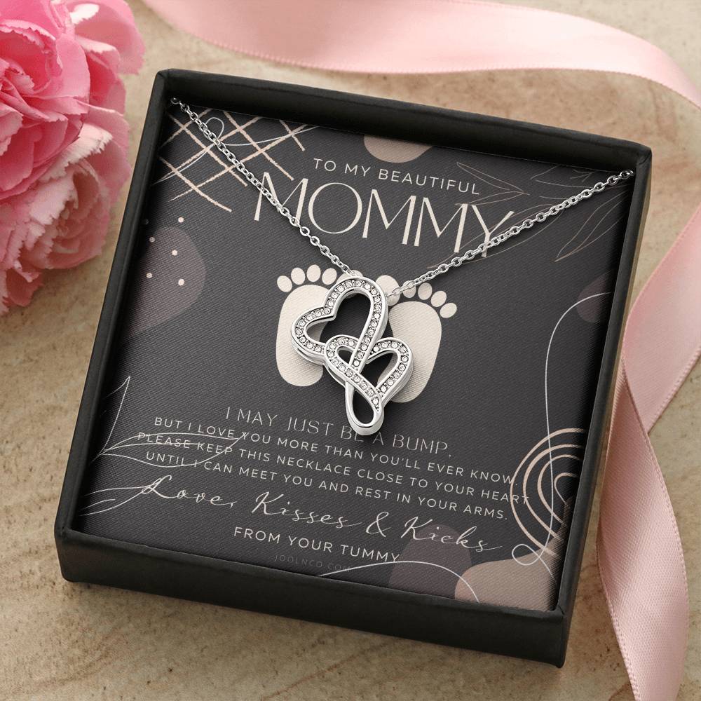Mom To Be Gift  New Mommy Gift Necklace  Pregnant Wife Gift  I May Just Be A Bump But I Love You  To Mummy From Bump   1 Double Hearts Necklace