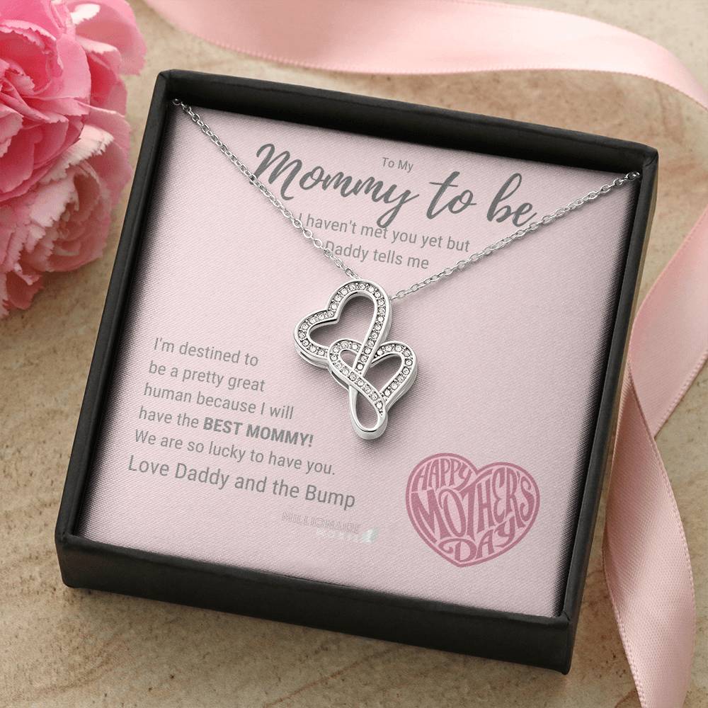 Mother&#39;s Day Mommy To Be From Daddy And Bump - 14K White Gold Finish Cubic Zirconia Necklace Double Hearts Necklace