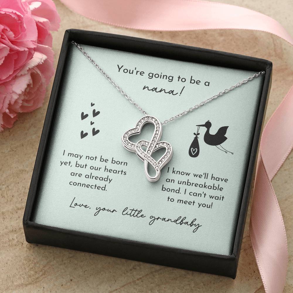 Nana To Be Birth Announcement Double Hearts  Mint Stork Double Hearts Necklace