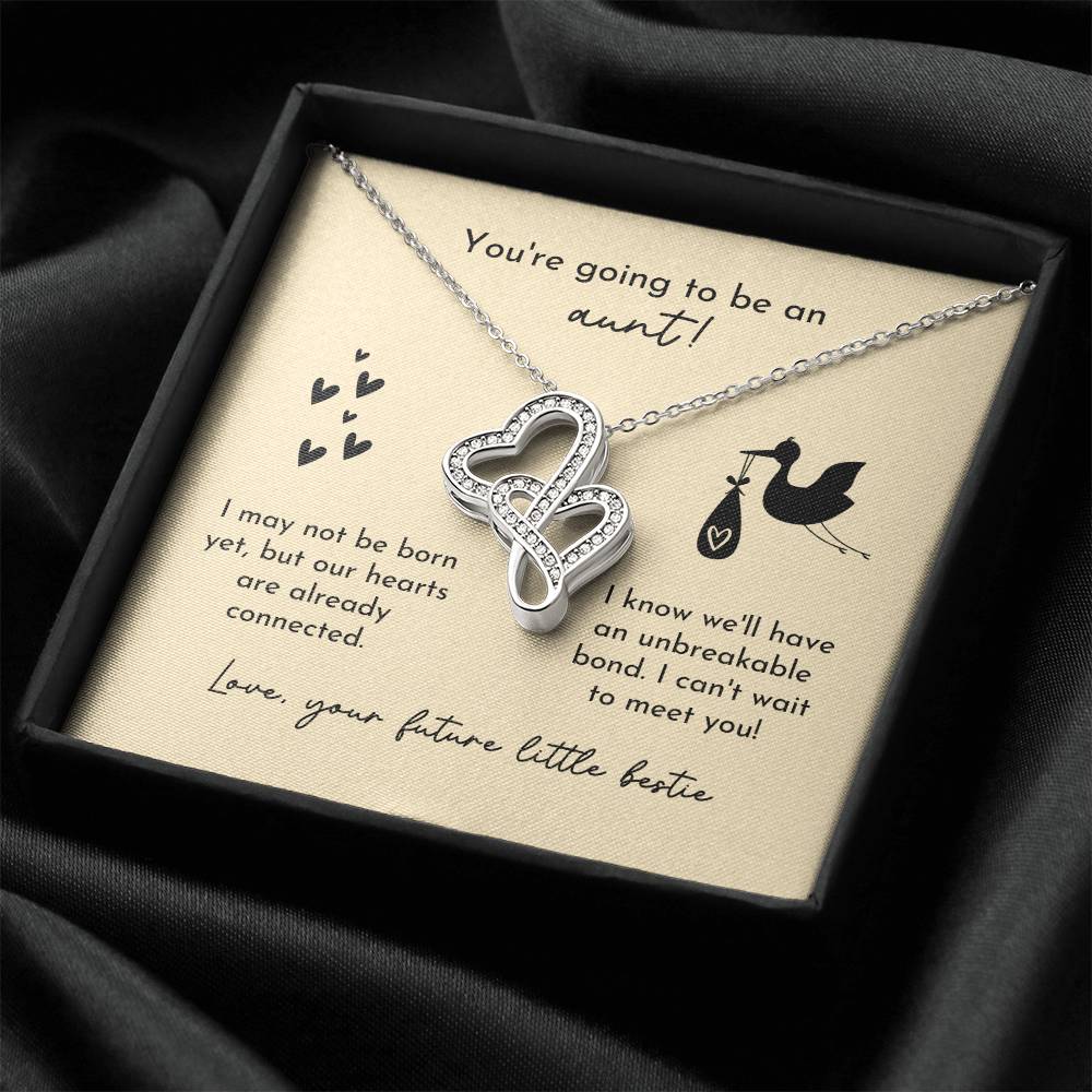 Aunt To Be Birth Announcement Double Hearts  Yellow Stork Double Hearts Necklace