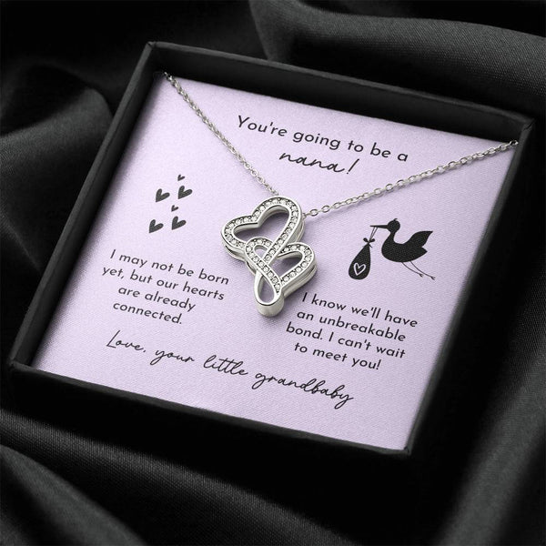 Nana To Be Birth Announcement Double Hearts  Lavender Stork Double Hearts Necklace