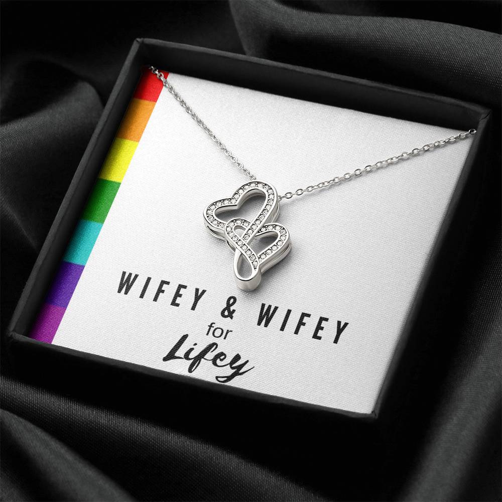 Wifey & Wifey For Lifey  14K White Gold Finish  Double Hearts Necklace