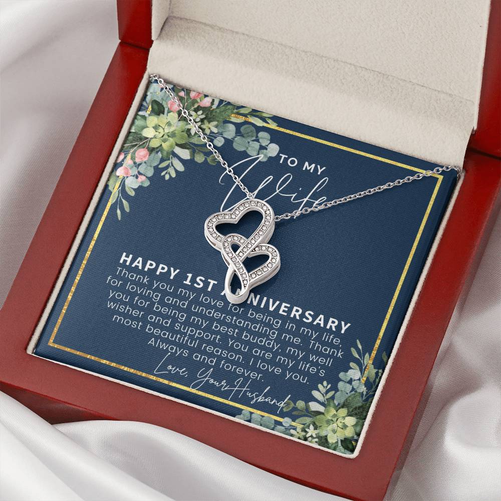 1St Anniversary Gift For Wife 1St Wedding Anniversary One Year Anniversary Gifts First Year Anniversary First Annivers 1 Double Hearts Necklace