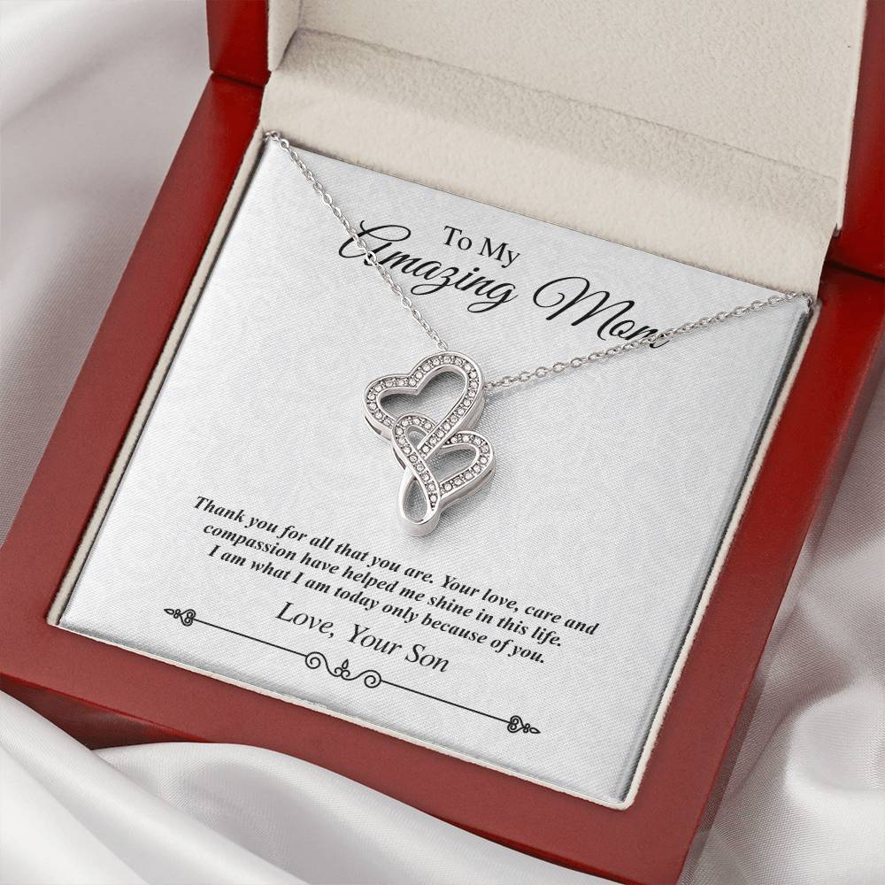 To My Amazing Mom Double Heart Necklace - Thank You For All That You Are Double Hearts Necklace