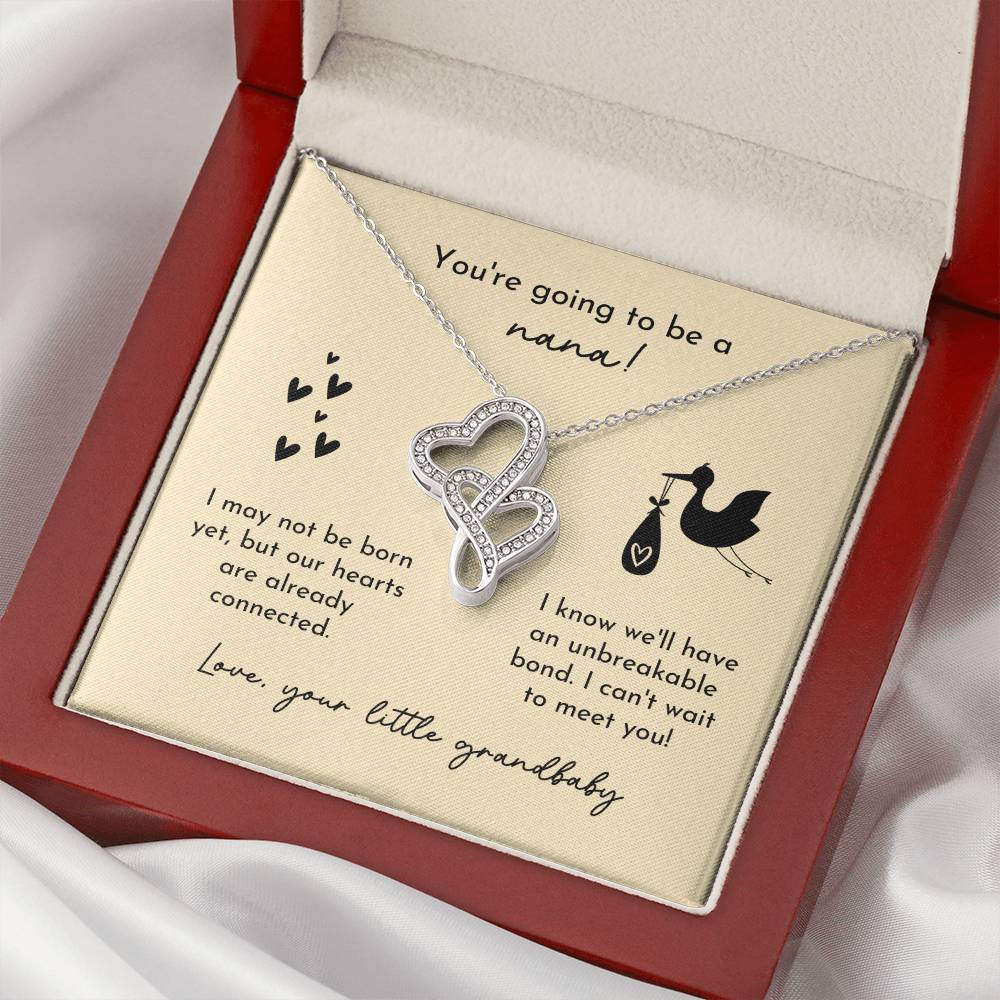 Nana To Be Birth Announcement Double Hearts  Yellow Stork Double Hearts Necklace