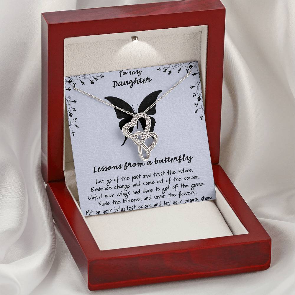 To My Daughter Lessons From A Butterfly - Blue Double Hearts Necklace