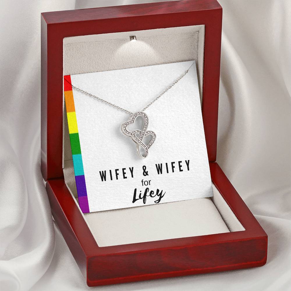 Wifey & Wifey For Lifey  14K White Gold Finish  Double Hearts Necklace