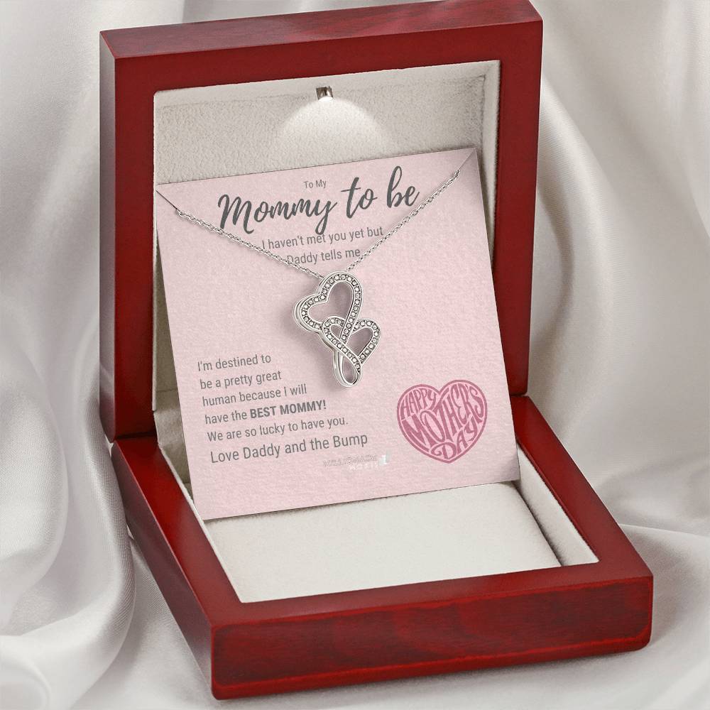 Mother's Day Mommy To Be From Daddy And Bump - 14K White Gold Finish Cubic Zirconia Necklace Double Hearts Necklace