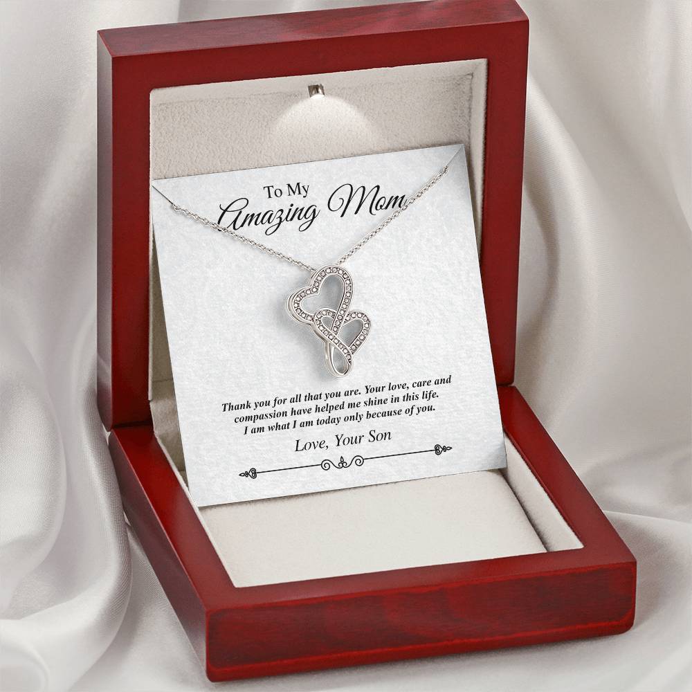 To My Amazing Mom Double Heart Necklace - Thank You For All That You Are Double Hearts Necklace