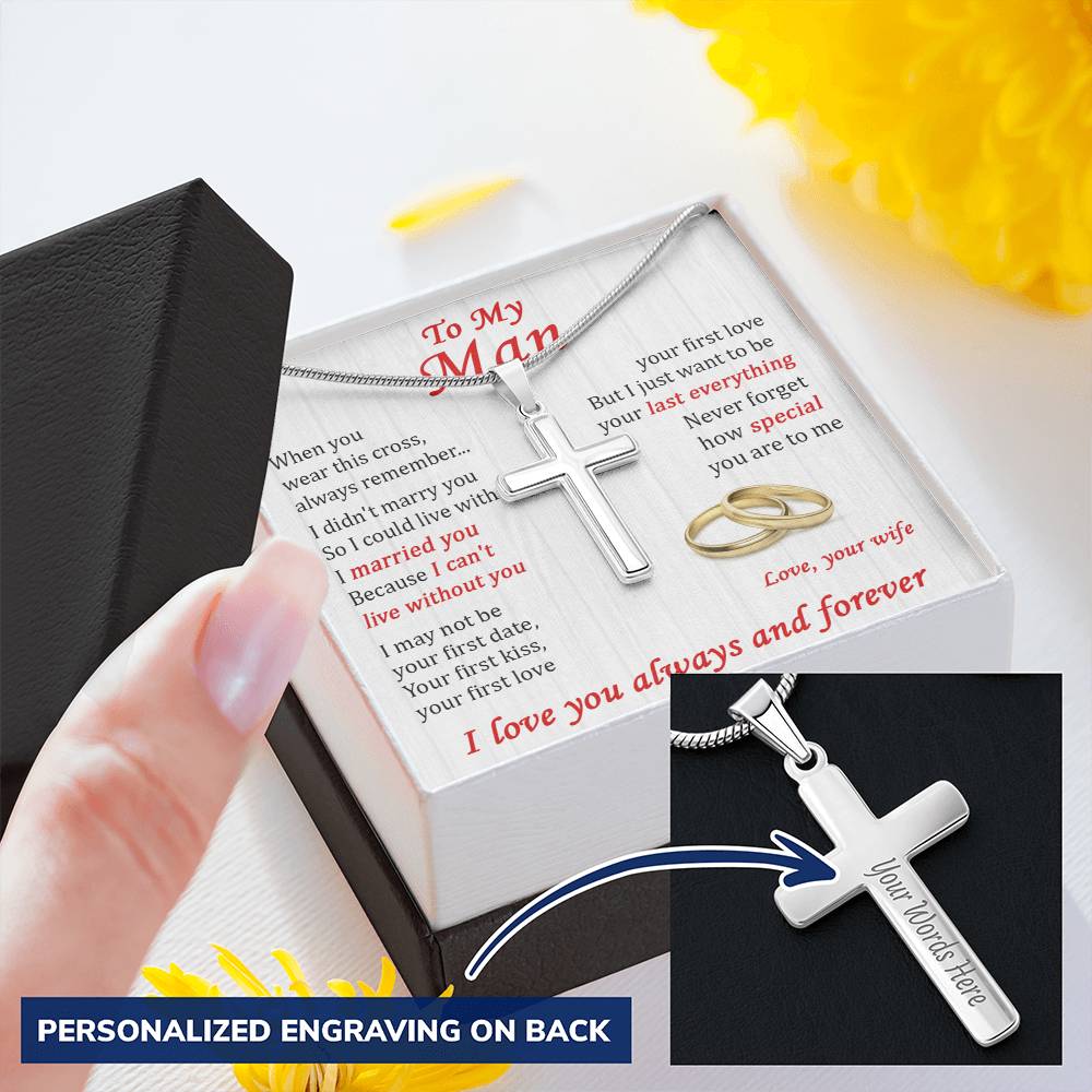 For Your Man - Live With You - Cross Customize Engraved Cross Necklace