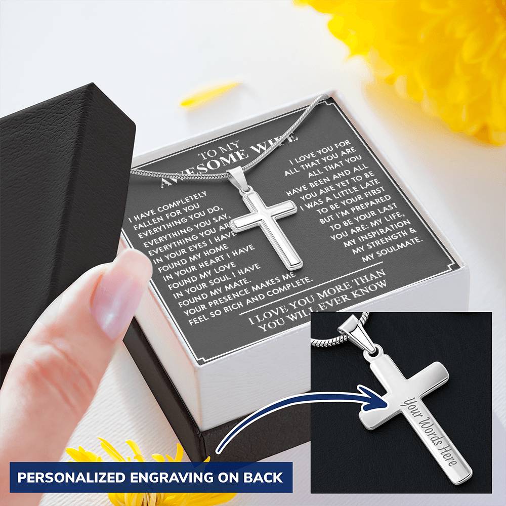 To My Awesome Wife Cross Necklace Customize Engraved Cross Necklace