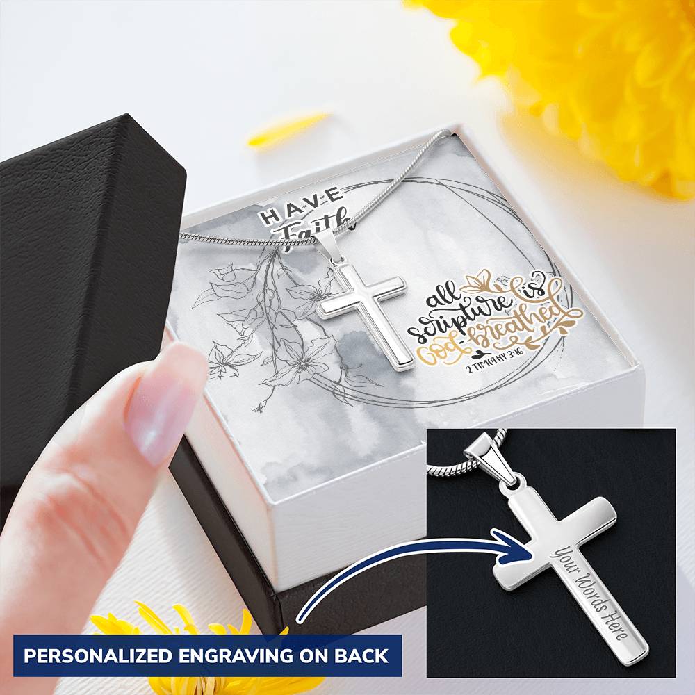 Dad To Son Gifts - All Scripture Is God Breathed Customize Engraved Cross Necklace