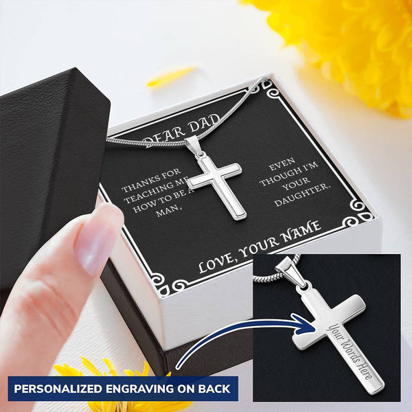 Gift For Dad  Thanks For Teaching Me How To Be A Man. Customize Engraved Cross Necklace