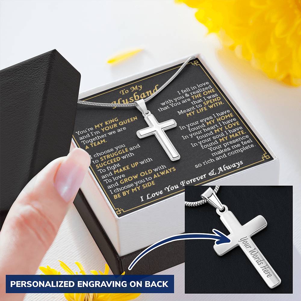 For Husband - King And Queen - Cross Customize Engraved Cross Necklace