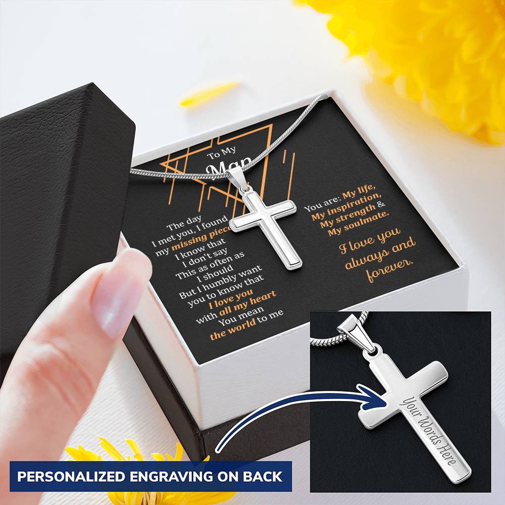 For Your Man - All My Heart - Cross Customize Engraved Cross Necklace
