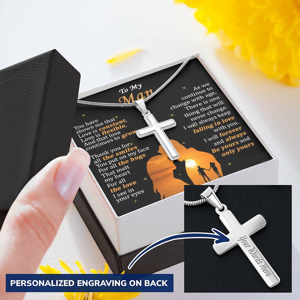 For Your Man - Love Is Constant - Cross Customize Engraved Cross Necklace