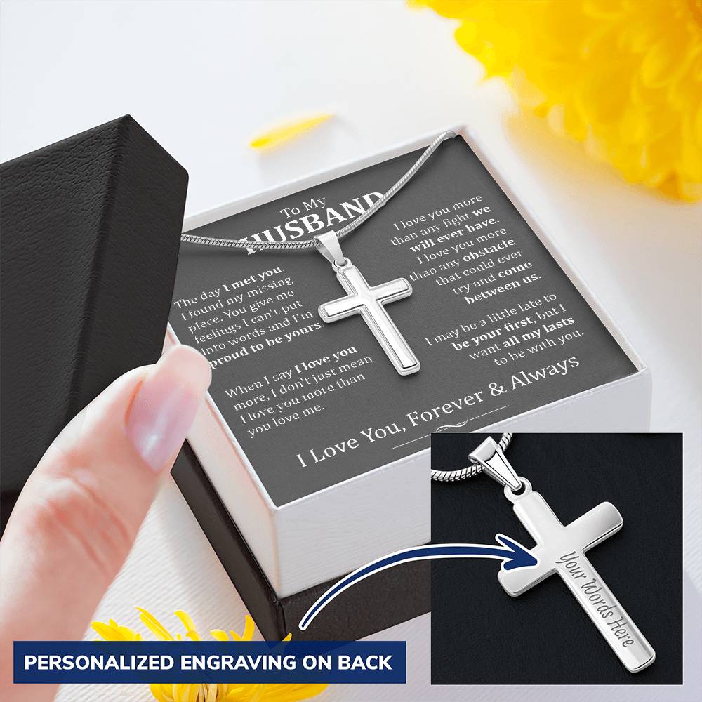 To My Husband Cross Necklace Customize Engraved Cross Necklace