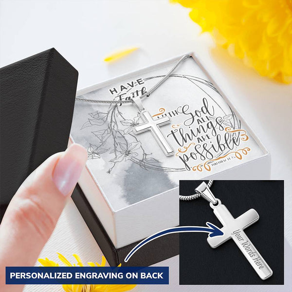 Dad To Son Gifts - With God All Things Are Possible Customize Engraved Cross Necklace