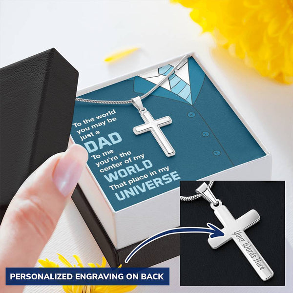 Dad - You're The Center Of My World - Customize Cross Necklace Customize Engraved Cross Necklace