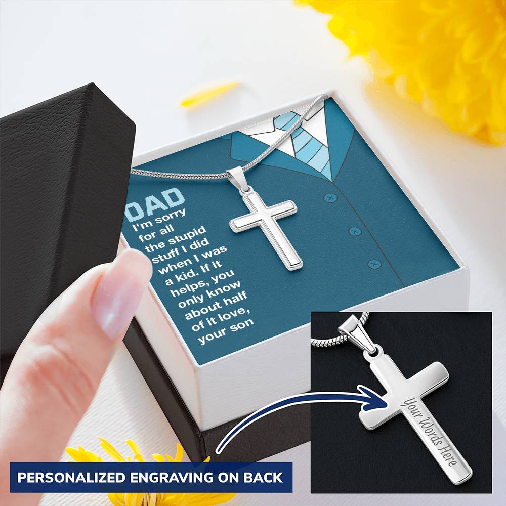 Dad Customize Cross Necklace With Message Card Gift For Father's Day. Customize Engraved Cross Necklace